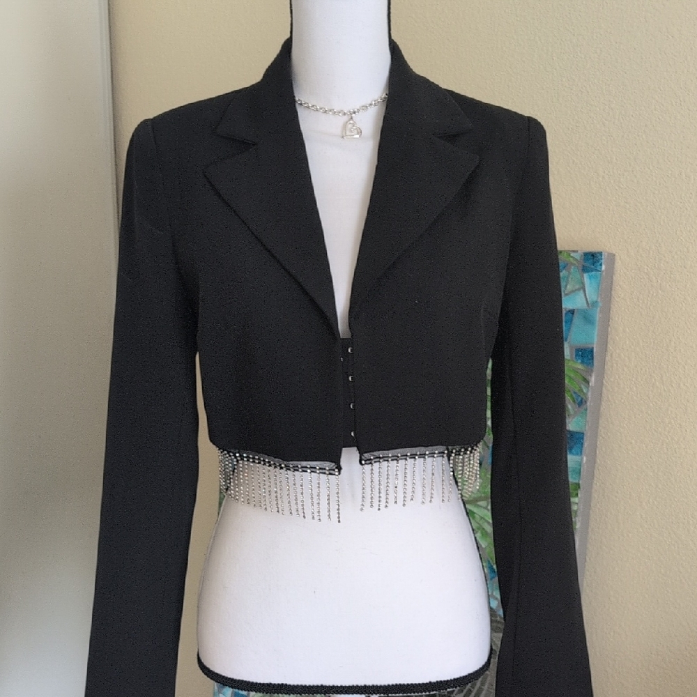 Elegant House Black Cropped Jacket with Rhinestone Fringe Detail And Mini Skirt